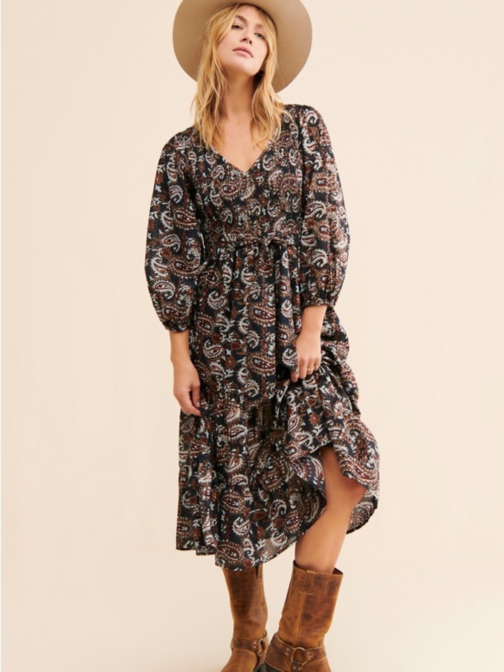 Cleobella Black and Brown Paisley Tie-Waist Midi Dress Sz XS 100% Organic Cotton
